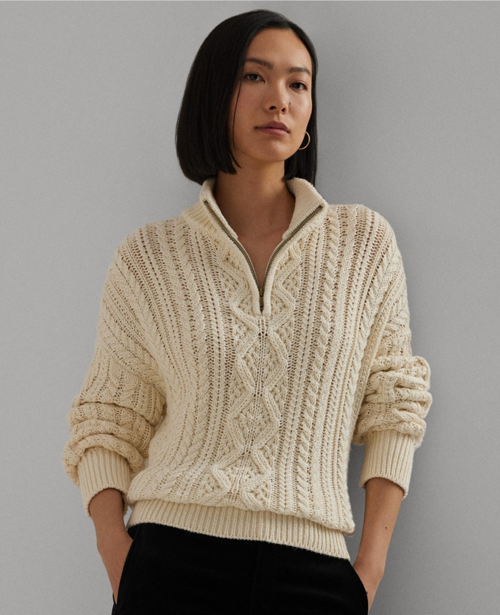 Lauren Ralph Lauren Women Aran Knit Cotton Pullover Winter Cream Size 2XL